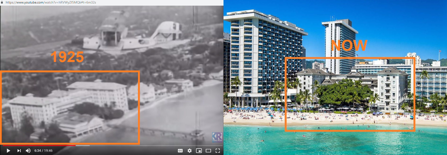 Moana Surfrider Hotel in Honolulu, 1925 vs now
