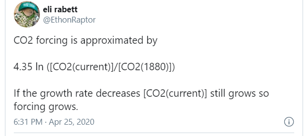 Joshua Halpern on Twitter: 'CO2 forcing is approximated by 4.35 ln ([CO2(current)]/[CO2(1880)])''